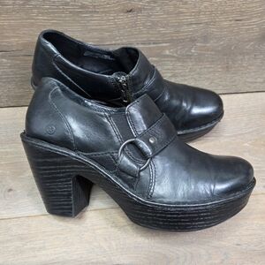 Born Shoes Womens Sz 8 Dollie Clogs Harness Heels Black Leather Zip Up Platform